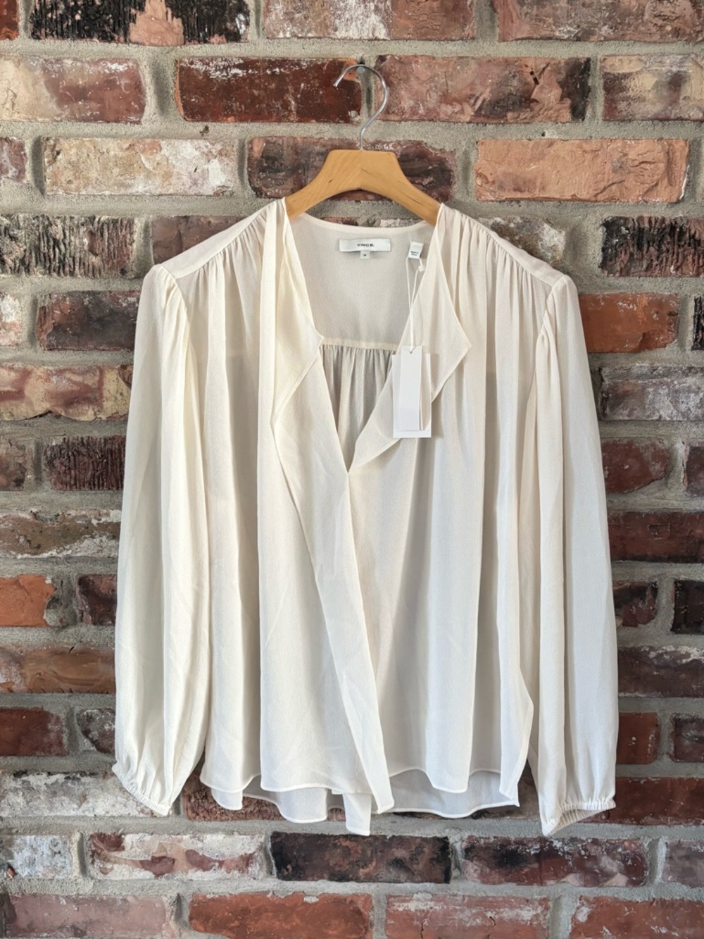 Vince White Silk Shirred Popover Long Sleeve Blouse Top NWT, M